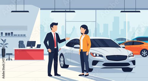Flat vector of salesperson showing new car to clients in showroom, automotive sales and marketing illustration