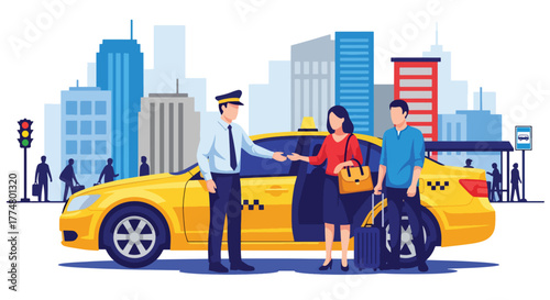 Flat style vector of yellow taxi picking up passengers in city center, transportation and urban lifestyle theme
