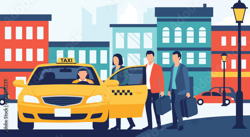 Flat style vector of yellow taxi picking up passengers in city center, transportation and urban lifestyle theme