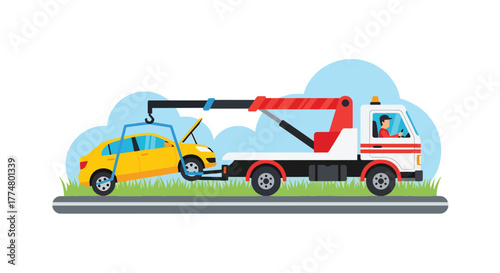 Flat vector of tow truck helping broken car on roadside, automotive assistance and rescue service concept