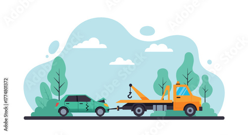 Flat vector of tow truck helping broken car on roadside, automotive assistance and rescue service concept