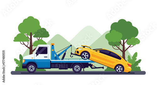 Flat vector of tow truck helping broken car on roadside, automotive assistance and rescue service concept