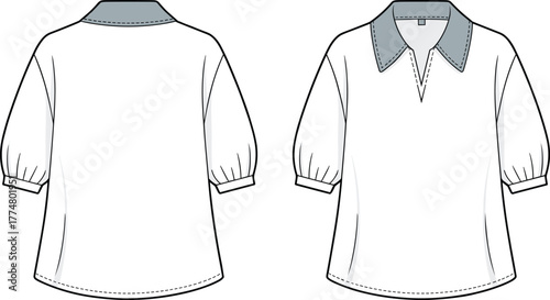 Women blouse flat sketch, technical fashion drawing, puff sleeve shirt design, apparel CAD illustration, garment construction template, vector clothing outline, stock fashion art