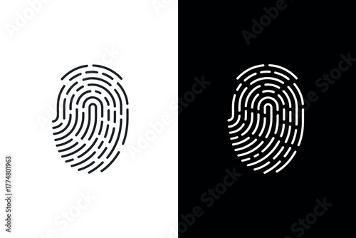 Monochrome fingerprint icon set on black and white backgrounds — unique thumbprint vector symbols representing security, biometrics, digital identity, access control, and personal authentication desig