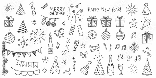 Collection of hand drawn doodle elements for christmas and new year celebrations