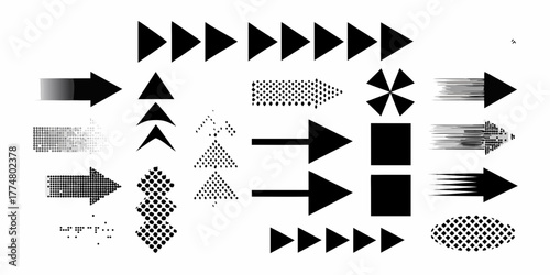 Collection of diverse black arrows and directional symbols in various styles and textures on a white background