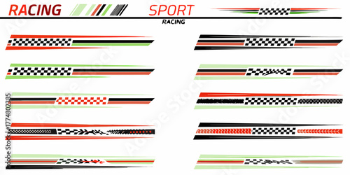 Collection of racing sport car decals and graphics with checkered flags and abstract designs