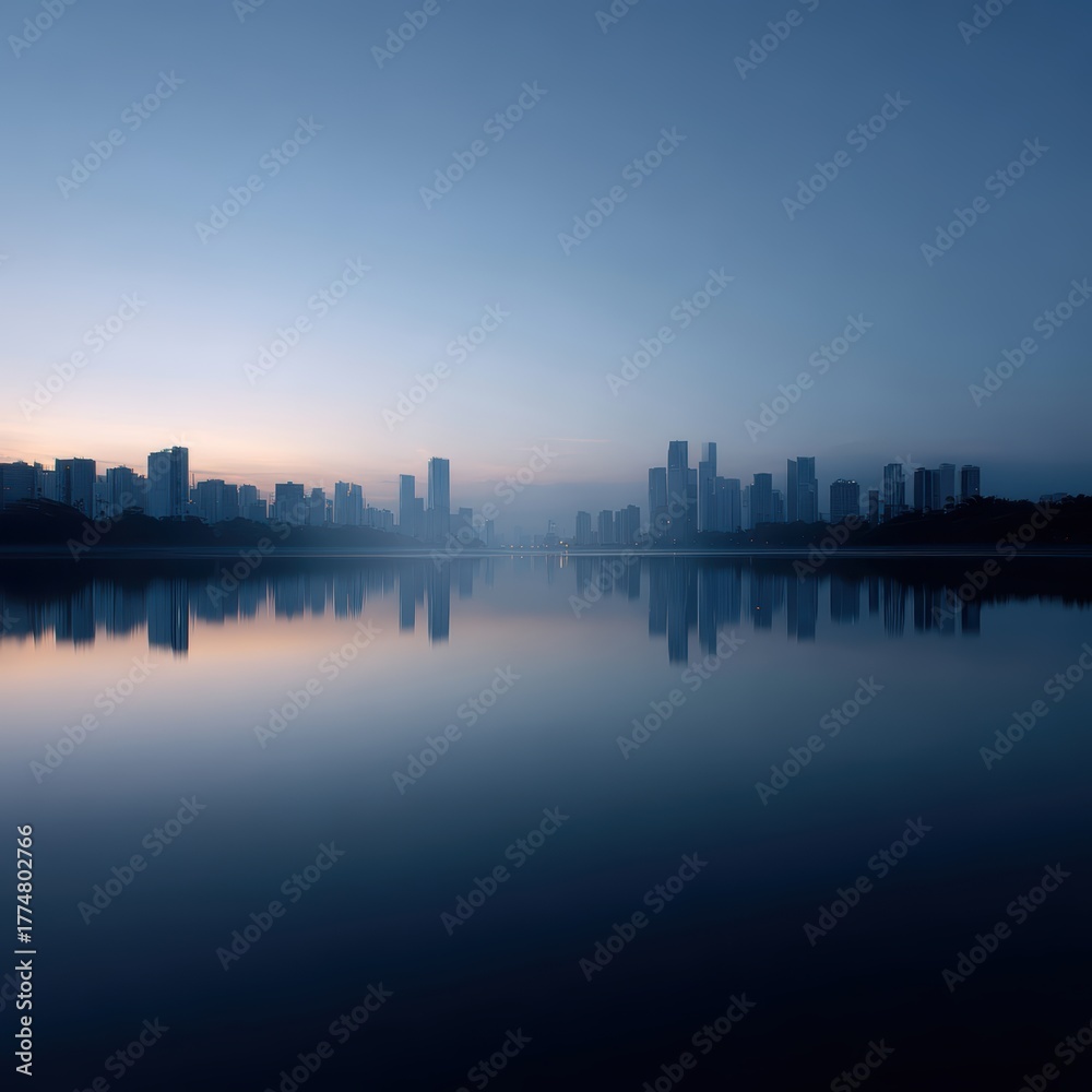 Fototapeta premium Calm lake with reflection of city skyline, perfect rest balance,