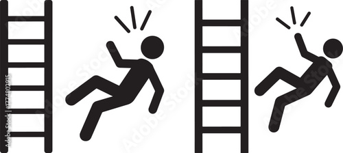 Two figures falling from ladders in a stark black and white silhouette