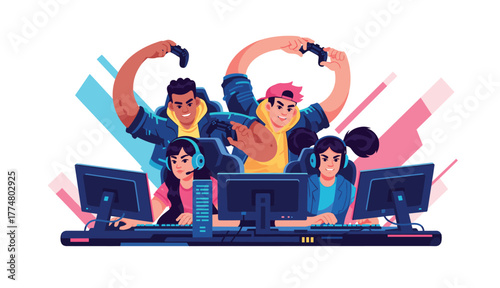 Teen gamers competing intensely at a gaming rig in cyber-style environment, focused expressions, modern e-sports illustration design.
