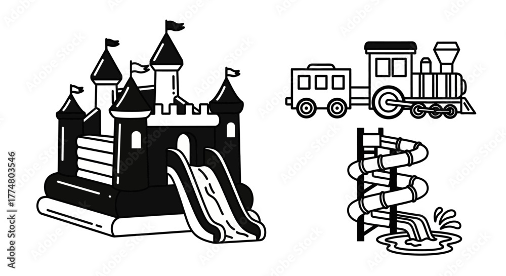 Fototapeta premium Inflatable castle, train, and water slide line art illustration.