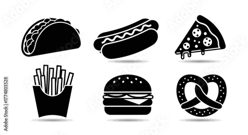 A collection of six black silhouette icons representing common fast food items on a white background.