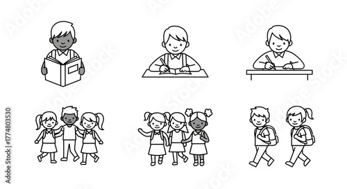 Black and white line art illustrations of children engaged in various school activities like reading, writing, and socializing with friends.