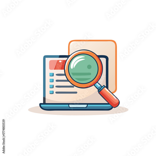 Laptop with magnifying glass for data analysis