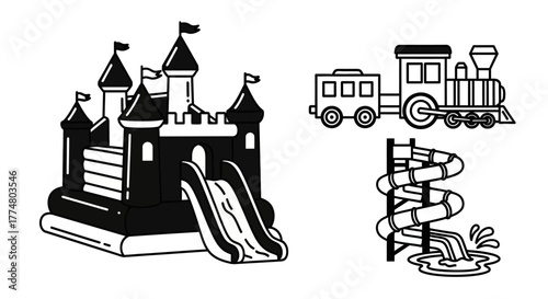 Inflatable castle, train, and water slide line art illustration.