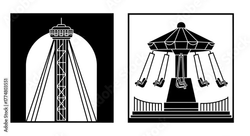 Two black and white icons of amusement park rides, a drop tower and a swing ride, on a white background.