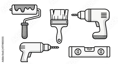 A collection of common household tools including a paint roller, paintbrush, two drills, and a spirit level.