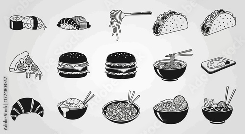 Collection of various food icons including sushi, tacos, pizza, burgers, noodles, and more in black and white vector style.