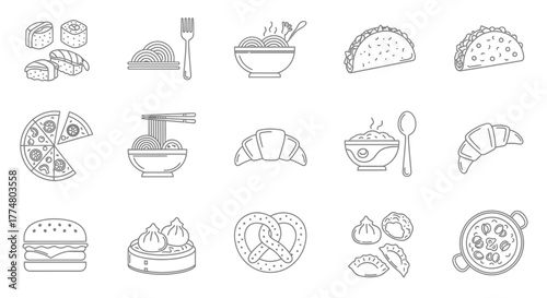 Black and white line art illustrations of various food items, including sushi, tacos, and pizza.