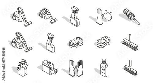 A collection of isometric line art icons depicting various household cleaning tools and supplies.