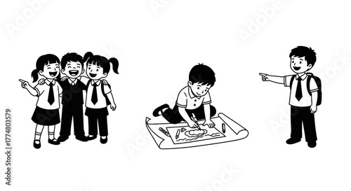 A group of children pointing and laughing at another child who is drawing on the floor.