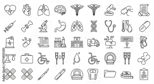 A comprehensive collection of medical and healthcare line icons, illustrating various aspects of health, anatomy, and medical equipment.