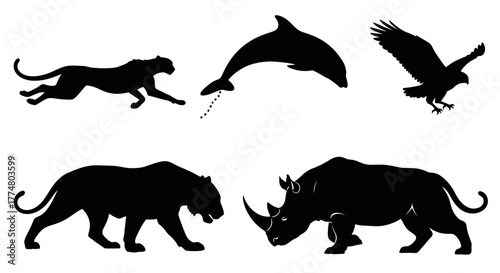 A collection of black silhouettes depicting various wild animals: a cheetah, dolphin, eagle, tiger, and rhinoceros.
