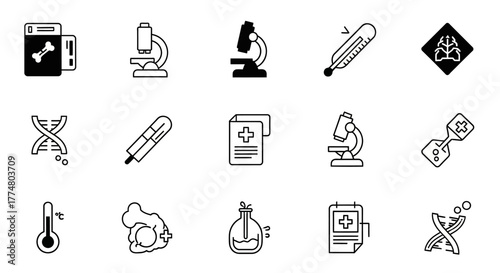 A collection of medical and scientific icons including microscopes, DNA strands, thermometers, and medical records.