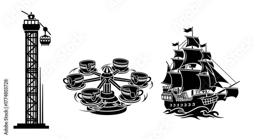 Amusement park rides: drop tower, teacups, and pirate ship.