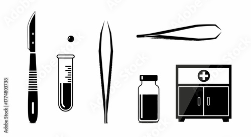 Black and white illustration of various medical and laboratory instruments including a scalpel, test tube, tweezers, bottle, and cabinet.