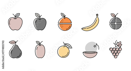 Collection of various fruits including apples, oranges, bananas, pears, and grapes, illustrated in a simple style.