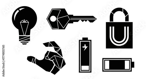 A collection of modern black silhouette icons representing technology, ideas, security, and energy.