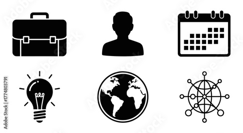 Collection of six black and white business-related icons, representing various concepts.