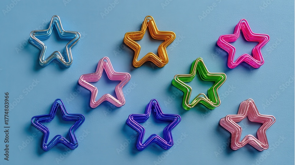 Obraz premium a top view of ten colored binder clips arranged in the shape of stars on a blue paper background with copy space for an image