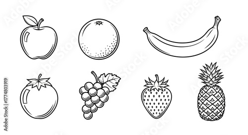 Collection of outlined fruits: apple, orange, banana, tomato, grapes, strawberry, pineapple.