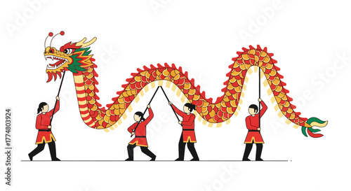 Vibrant Dragon Dance Performance Illustration for Cultural Celebrations, Festivals, and Traditional Event Promotions, Suitable for Graphic Design and Educational Purposes
