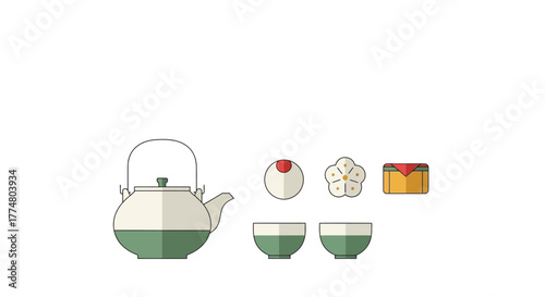 Minimalist Tea Ceremony Still Life Illustration Featuring Teapot, Cups, and Traditional Sweets for Cultural and Design Projects