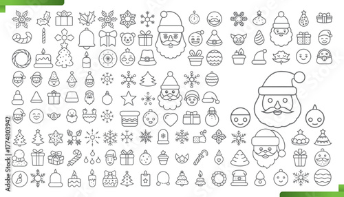 Collection of hand drawn christmas icons and symbols in a black and white doodle style