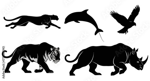Silhouette illustrations of a cheetah, dolphin, eagle, tiger, and rhinoceros.