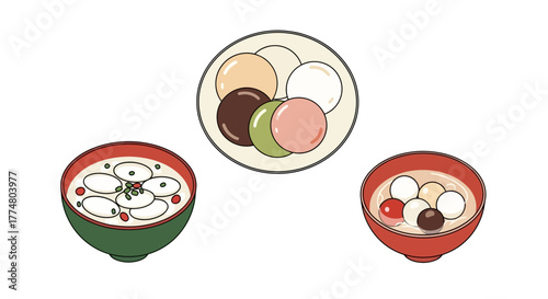 Colorful Dango and Zenzai Illustration Depicting Japanese Traditional Sweets for Culinary Arts and Cultural Representation