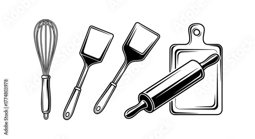 Black and white drawing of kitchen utensils: whisk, spatulas, rolling pin, and cutting board.