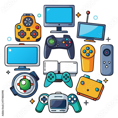 gaming controllers, handheld game console, drone, digital camera, 
computer monitor, and remote control device, vector 