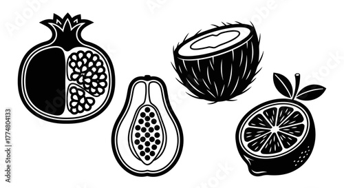Black and white drawing of cut fruits: pomegranate, papaya, coconut, and lemon.