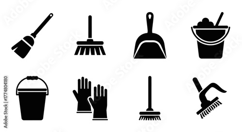 Cleaning tools icons: broom, dustpan, bucket, gloves, brush.