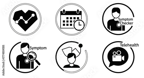 Icons representing health monitoring, symptom checking, and telehealth services.