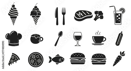 Black and white food icons set, including ice cream, steak, and pizza.