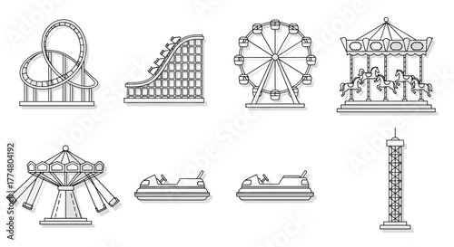 Amusement park rides: roller coaster, ferris wheel, carousel, bumper cars, and drop tower.