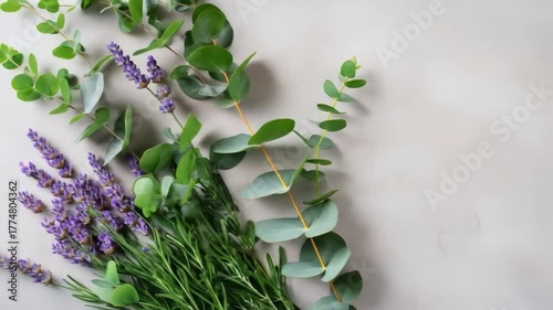 Fresh aromatic lavender eucalyptus and rosemary branches on light background with copy space