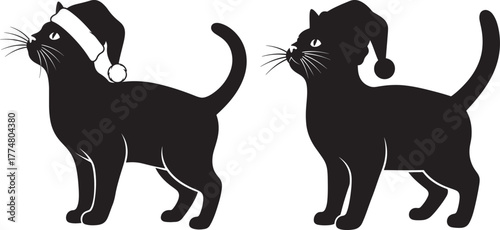 Two black cats wearing santa hats silhouette for christmas decorations
