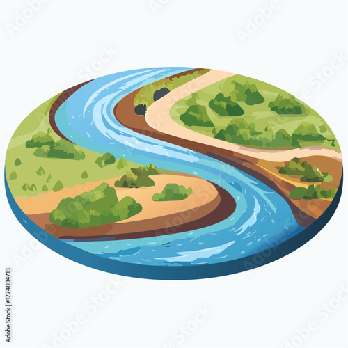 Stylized illustration of a winding river with green foliage and a pathway